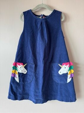Mini Boden Girls Navy Corduroy Unicorn Appliqué Pocket Dress Size 6-7 Years